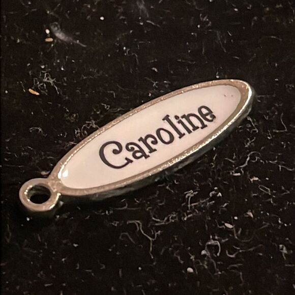 1” silver tone and white enamel charm/pendant embossed “Caroline” & jump hoop - Picture 4 of 9